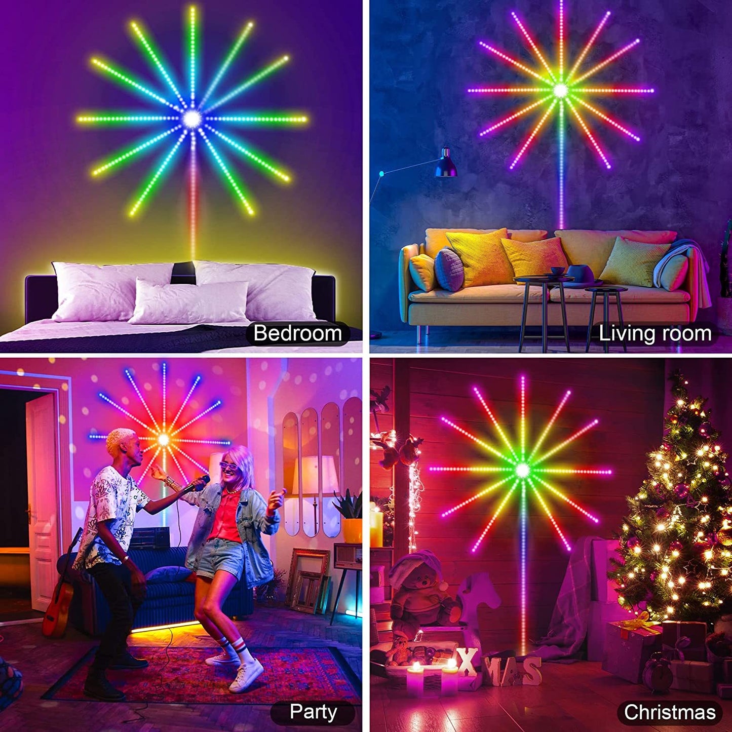 Music Sync LED Firework Lights - Color Changing RGB LED Strip with Remote Control, Sound Activation, and Dynamic Effects for Room Decor, Parties, and Events