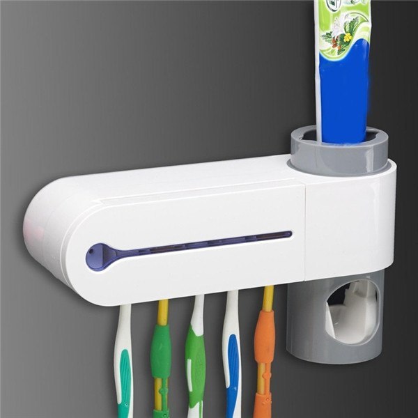 3-in-1 Automatic Toothpaste Dispenser & UV Toothbrush Sterilizer – Wall-Mounted Holder for 5 Brushes