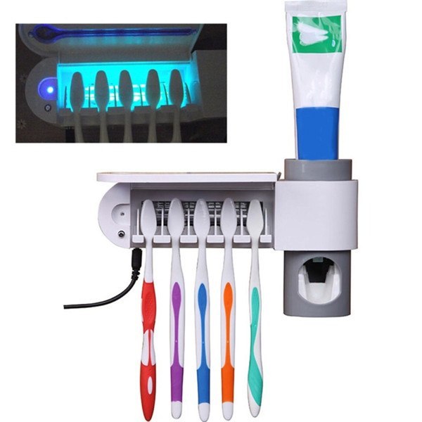 3-in-1 Automatic Toothpaste Dispenser & UV Toothbrush Sterilizer – Wall-Mounted Holder for 5 Brushes