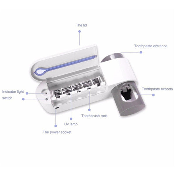 3-in-1 Automatic Toothpaste Dispenser & UV Toothbrush Sterilizer – Wall-Mounted Holder for 5 Brushes