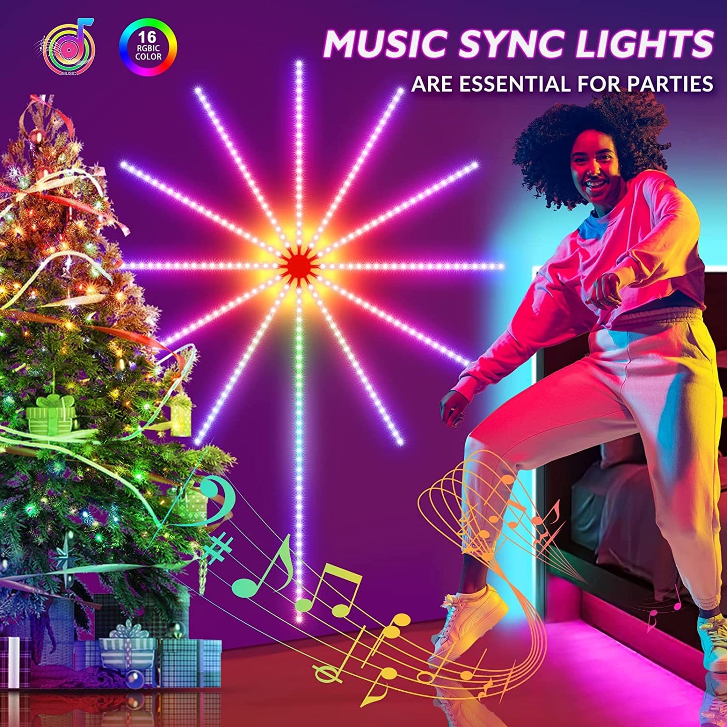 Music Sync LED Firework Lights - Color Changing RGB LED Strip with Remote Control, Sound Activation, and Dynamic Effects for Room Decor, Parties, and Events