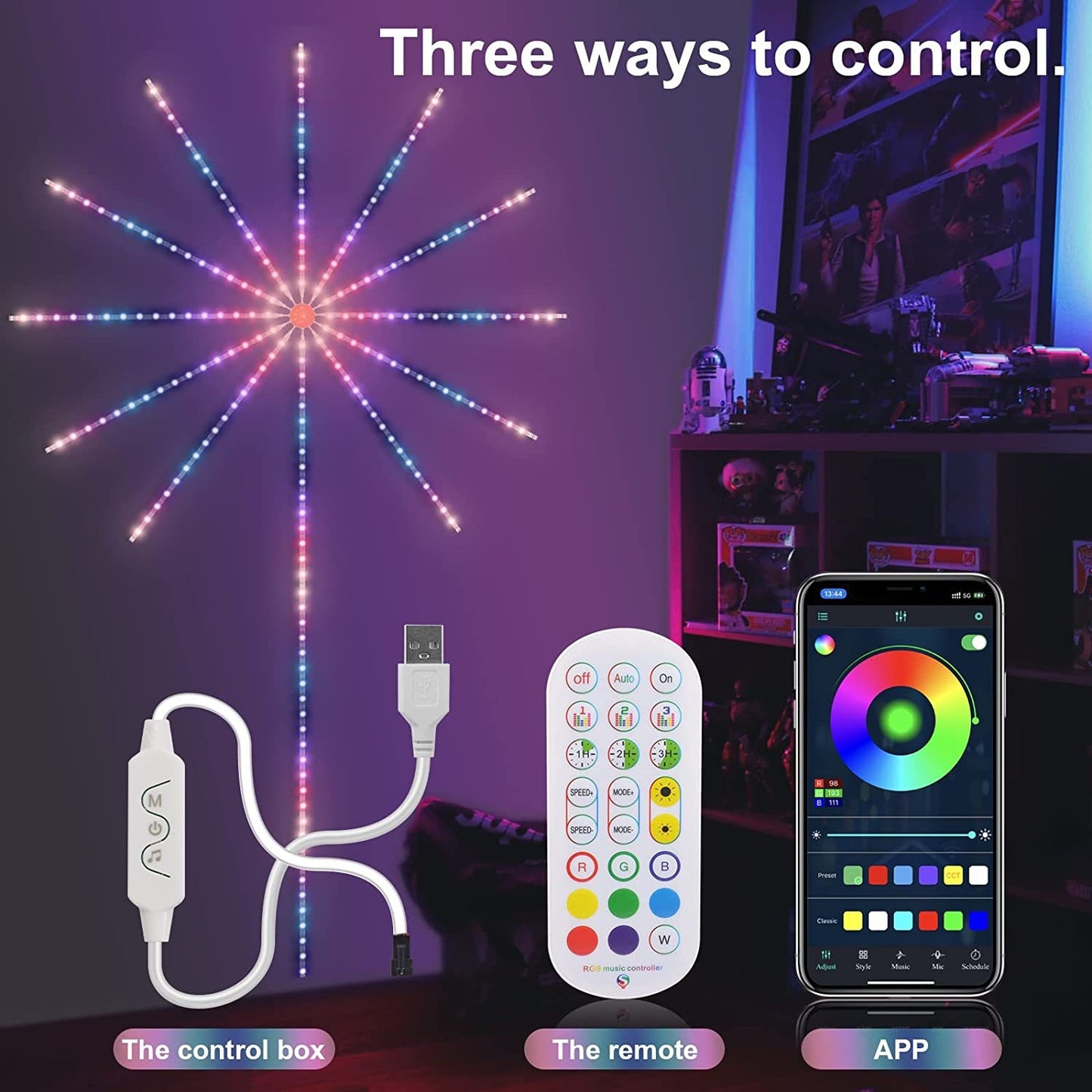 Music Sync LED Firework Lights - Color Changing RGB LED Strip with Remote Control, Sound Activation, and Dynamic Effects for Room Decor, Parties, and Events